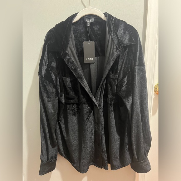 Lulus Sweaters - Fate black velvet shirt jacket